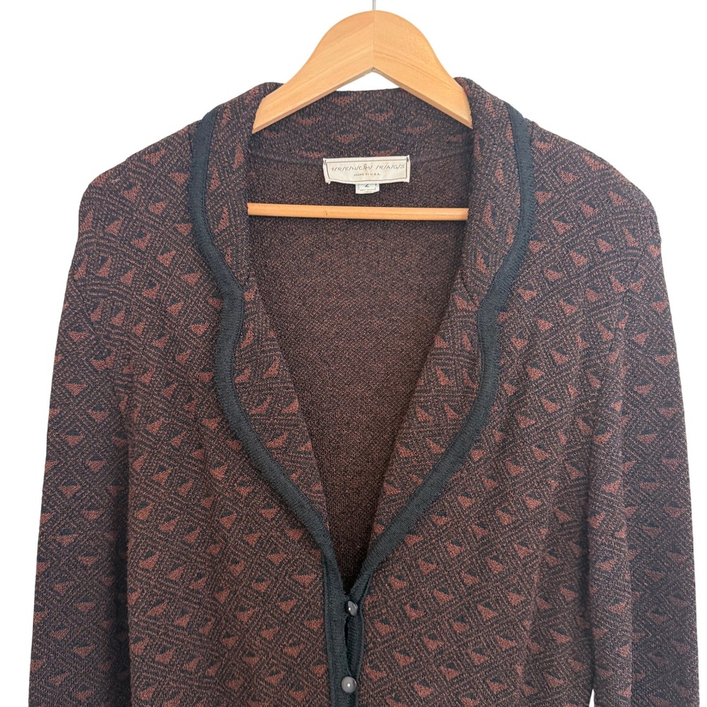 Vtg French Rags Brown Black Geometric Jacquard Rayon Knit Longline Cardigan Sz 2